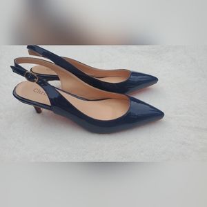 Chris T Pump Mid Heel Sandal Pointy Toe Ankle Strap Blue Navy Women.